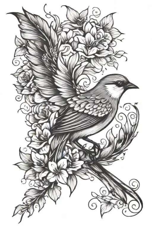 small bird with long tail curving around shoulder. flowers and leaves grow from feathers and tail tattoo design idea