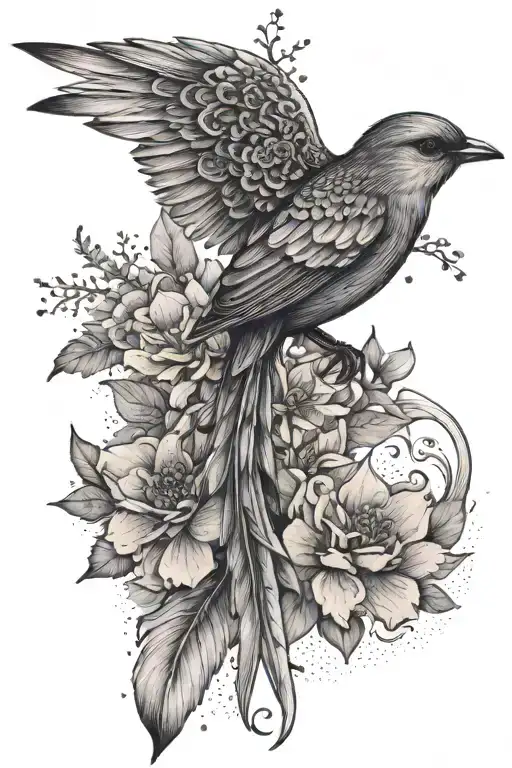 small bird with long tail curving around shoulder and goes down. flowers and leaves grow from feathers and tail tattoo design idea
