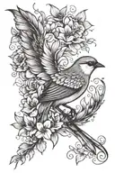 small bird with long tail curving around shoulder. flowers and leaves grow from feathers and tail tattoo design idea
