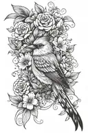 small bird with long tail curving around shoulder. flowers and leaves grow from feathers and tail tattoo design idea