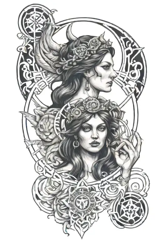A traditional style tattoo of Hecate surrounded by symbols of esoterism tattoo design idea
