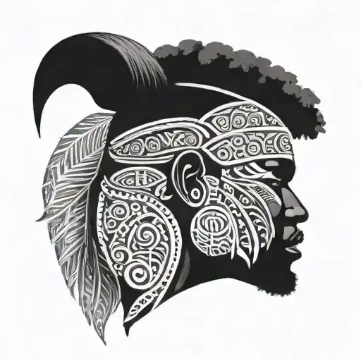 Design a Vanuatu warrior in traditional attire with intricate patterns, using blackwork style tattoo design idea
