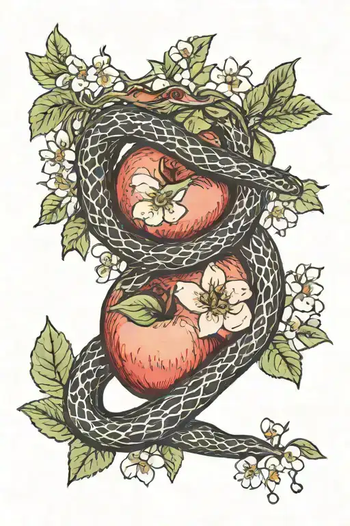 two large snakes wraping around an apple with apple blossoms around them tattoo design idea
