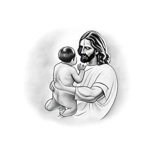 Jesus handing a baby boy to his father tattoo design idea
