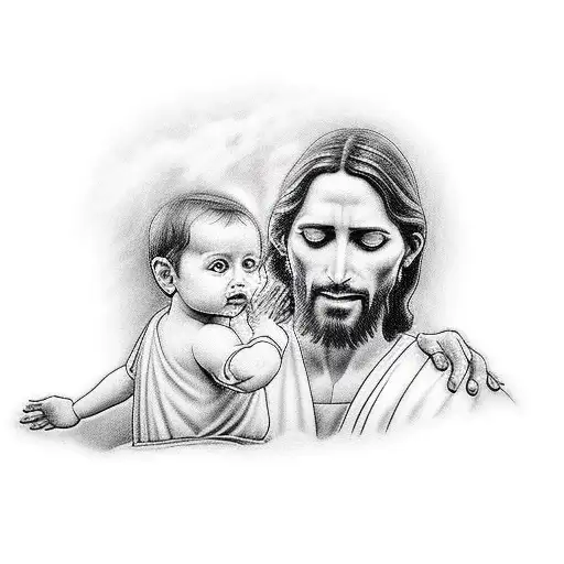 Jesus handing a baby boy to a father in his dream tattoo design idea