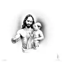 Jesus handing a baby boy to his father tattoo design idea