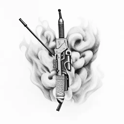 An intricate black and grey tattoo of a gun with the letters MOB woven into the smoke coming out of the barrel tattoo design idea
