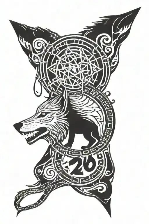 wolf and raven with elder futhark runes of "ofetoonesstzonnostotzof" wrapping around tattoo design idea