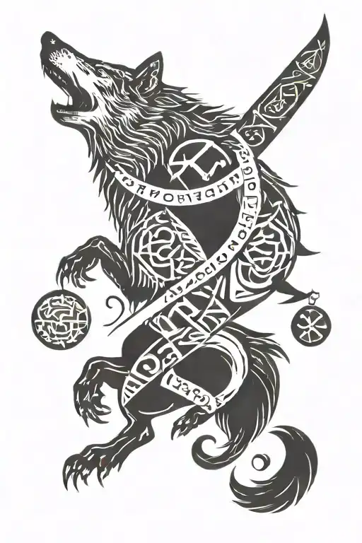 wolf and raven with elder futhark runes ᛖᛏᛟᛟᚾᛖᛊᛊᛏᛉᛟᚾᚾᛟᛊᛏᛟᛏᛉᛟᚠ wrapping around tattoo design idea