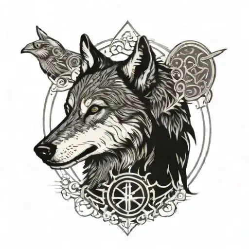 black and white wolf and raven with norse runes tattoo design idea
