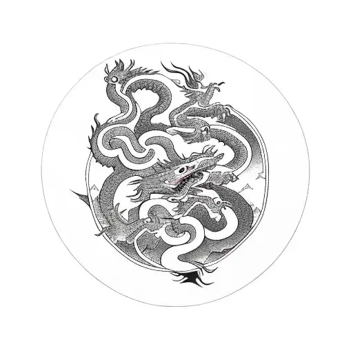dragon in sky, monkey, two snakes, a rabbit and rat.in trees below. mountain background tattoo design idea