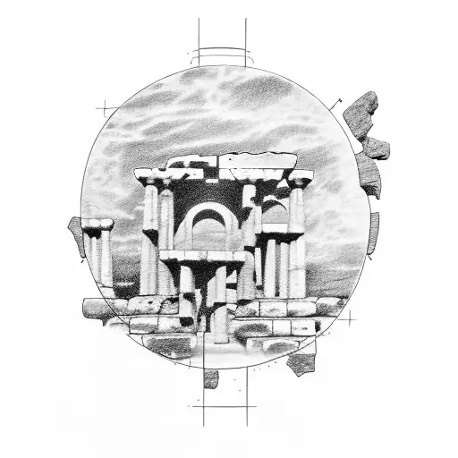 A sketch of a hidden art famous within an ancient Greek temple ruins tattoo design idea