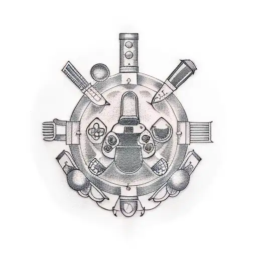 A tattoo of a video game controller surrounded by cooking utensils, in dotwork style. tattoo design idea