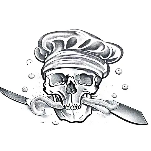A tattoo of a skull wearing a chef's hat, holding a knife and a cocktail shaker, in blackwork style. tattoo design idea