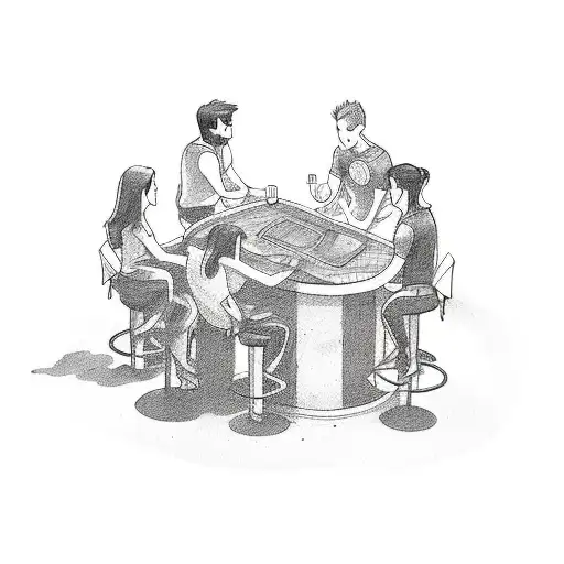 A tattoo of a group of friends gathered around a bar, playing video games and cooking together, in sketch style. tattoo design idea