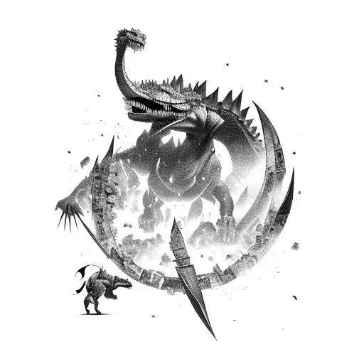 An epic battle scene between anime characters and dinosaurs tattoo design idea