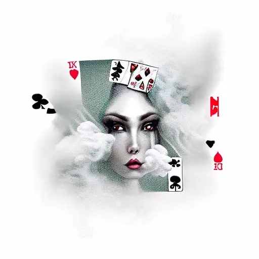 A sultry femme fatale surrounded by swirling smoke and drug paraphernalia, with a subtle nod to gambling with a deck of cards in her hand tattoo design idea