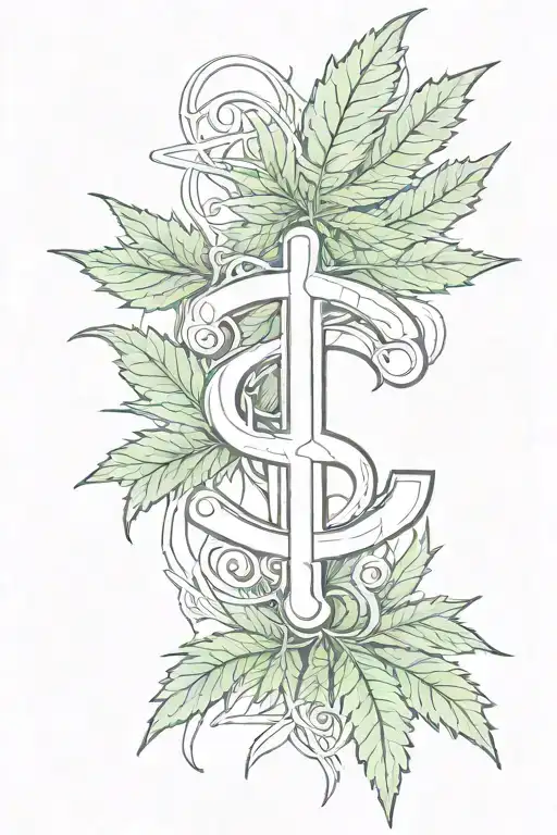 A stylized dollar sign morphing into a cannabis leaf, with a slot machine handle as the centerpiece tattoo design idea