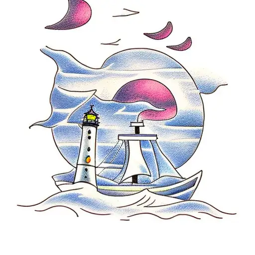 A ship sailing towards a distant lighthouse on a stormy sea tattoo design idea