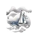 A ship sailing towards a distant lighthouse on a stormy sea tattoo design idea