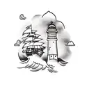 A ship sailing towards a distant lighthouse on a stormy sea tattoo design idea