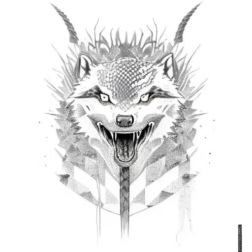 woman wolfskin snake sword tattoo design idea