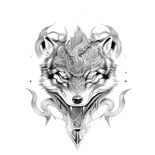 woman wolfskin snake sword tattoo design idea