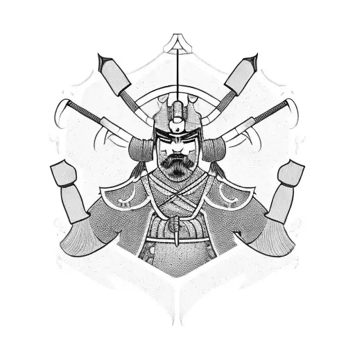 Incorporate a barbell and a Japanese samurai warrior in a blackwork tattoo tattoo design idea