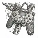 An intricate mechanical arm holding a game controller, with music symbols incorporated into the design, representing the client's passion for gaming and engineering tattoo design idea
