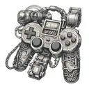 An intricate mechanical arm holding a game controller, with music symbols incorporated into the design, representing the client's passion for gaming and engineering tattoo design idea