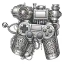 An intricate mechanical arm holding a game controller, with music symbols incorporated into the design, representing the client's passion for gaming and engineering tattoo design idea