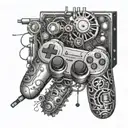 An intricate mechanical arm holding a game controller, with music symbols incorporated into the design, representing the client's passion for gaming and engineering tattoo design idea