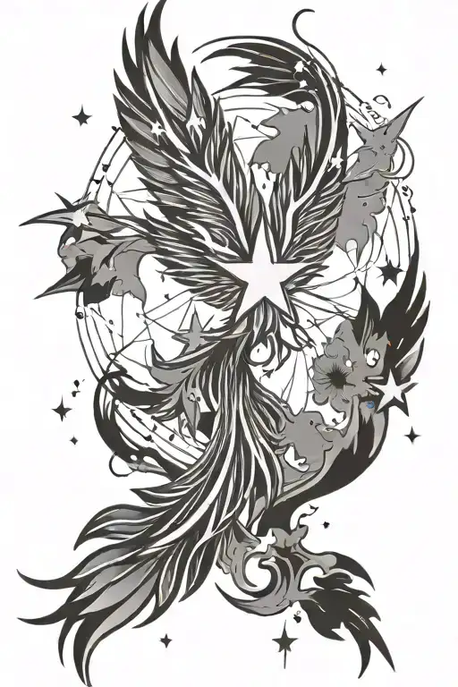 PHOENIX STAR CONSTELLATION SYMBOLISMING DEPRESSION AND CHAOS AND NEW BEGINNINGS tattoo design idea