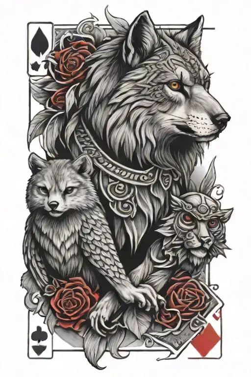 a poker card with an owl, a wolf, a red bear and a lion tattoo design idea
