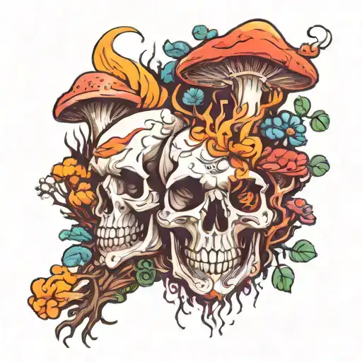 burning trees, skulls, colorful mushrooms growing, inside the shape of California  tattoo design idea