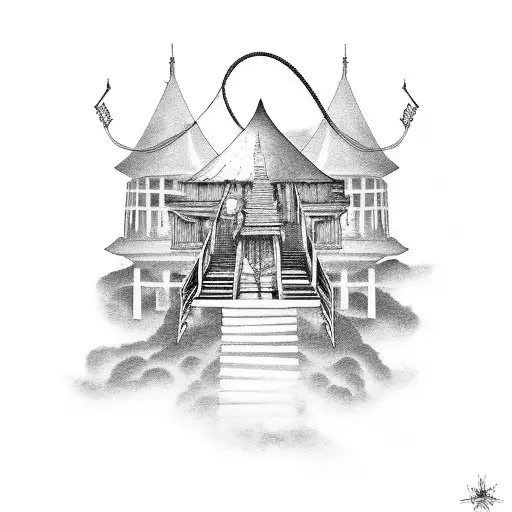 stairway to heaven with music notes and on too of the stairs a gypsy wagon home tattoo design idea