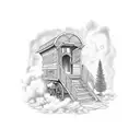 stairway to heaven with music notes and on too of the stairs a gypsy wagon home tattoo design idea