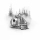 stairway to heaven with music notes and on too of the stairs a gypsy wagon home tattoo design idea