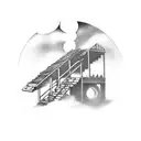 stairway to heaven with music notes and on too of the stairs a gypsy wagon home tattoo design idea