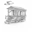 stairway to heaven with music notes and on too of the stairs a gypsy wagon home tattoo design idea