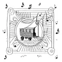 stairway to heaven with music notes and on too of the stairs a gypsy wagon home tattoo design idea