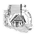 stairway to heaven with music notes and on too of the stairs a gypsy wagon home tattoo design idea