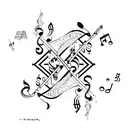 stairway to heaven with music notes and on too of the stairs a gypsy wagon home tattoo design idea