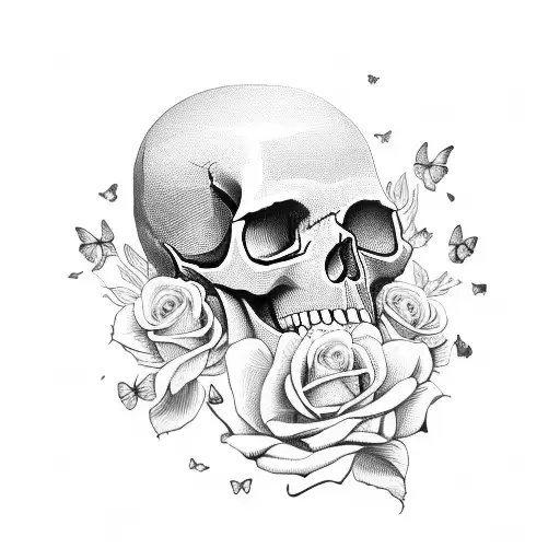 skull and roses and girls eye and butterfly tattoo design idea