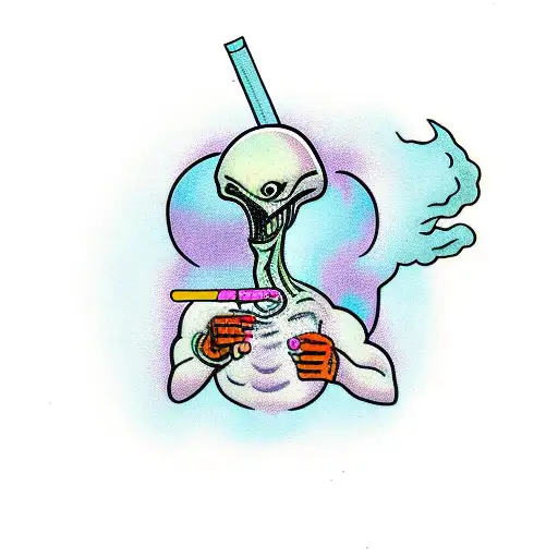 alien smoking a joint with pink smoke tattoo design idea