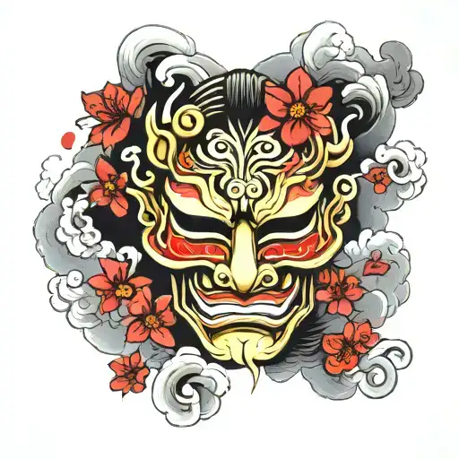 Hanja mask on a background of black clouds with red flowers tattoo design idea