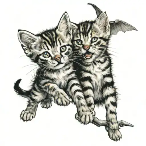 two kittens: one is satan second is an angel and they are flying and fighting tattoo design idea