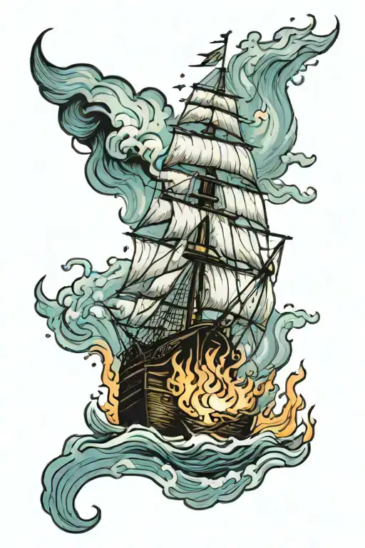 a ship burning and sinking tattoo design idea