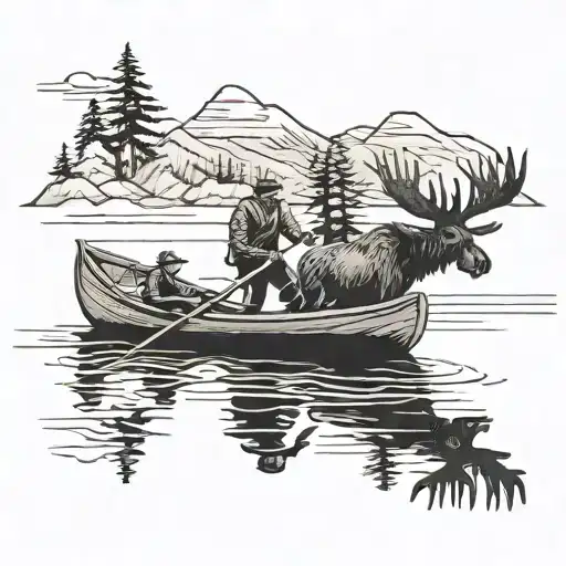 two men chasing a moose in a canoe tattoo design idea