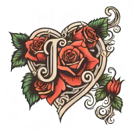 heart, roses, letter J tattoo design idea